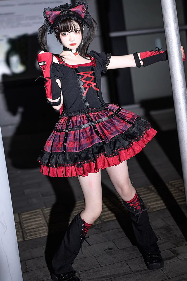 Crimson & Charcoal Floral Ruffle Laced Goth Princess Skirt Ensemble