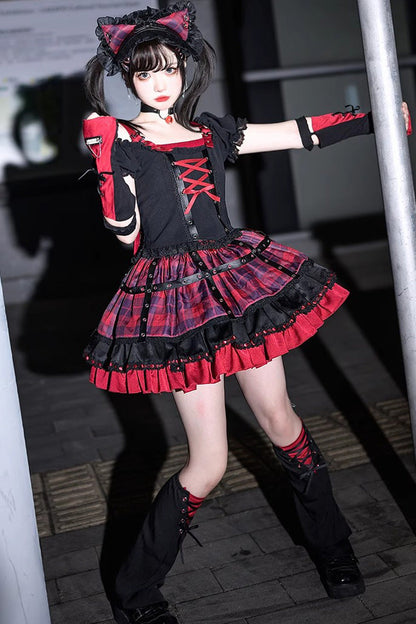 Crimson & Charcoal Floral Ruffle Laced Goth Princess Skirt Ensemble
