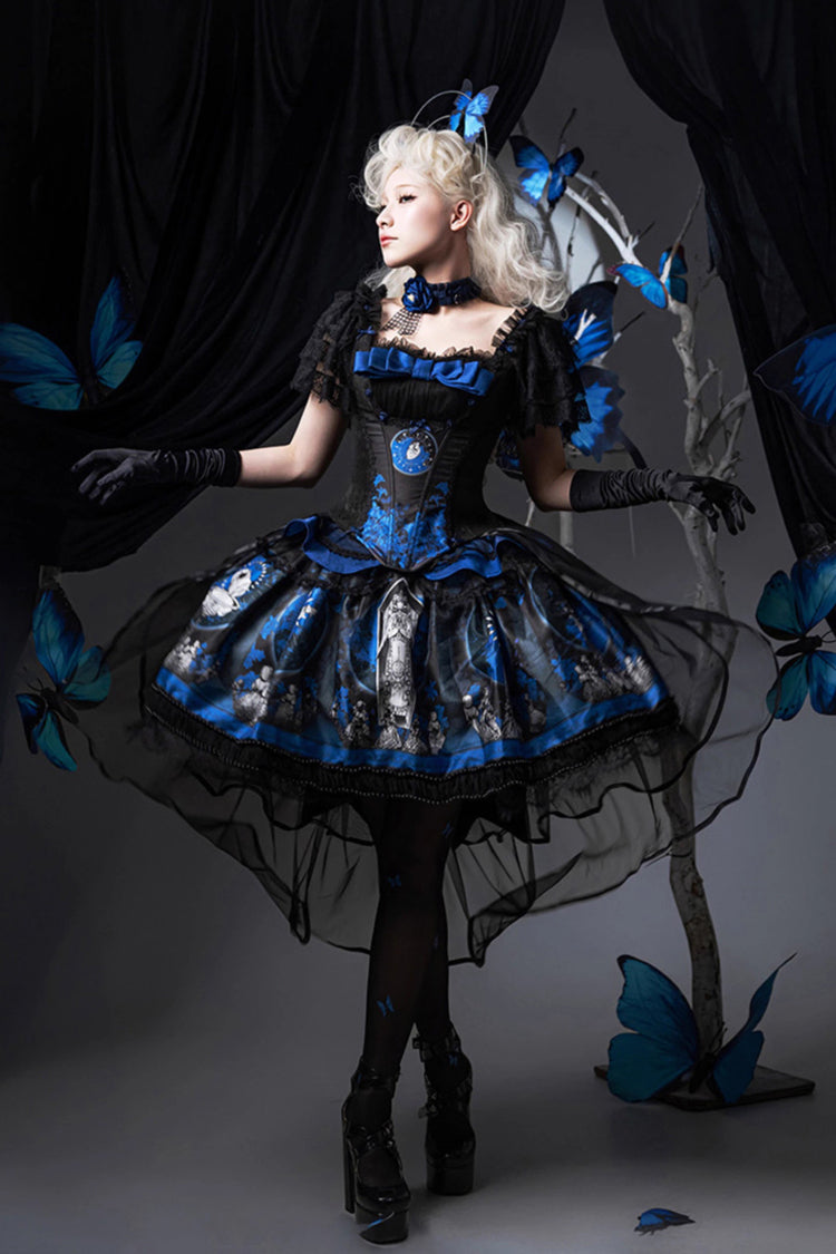 Azure Dark Moon Corridor Print Embroidery Gothic Lolita Gown Skirt