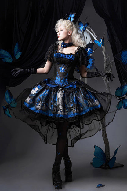 Azure Dark Moon Corridor Print Embroidery Gothic Lolita Gown Skirt