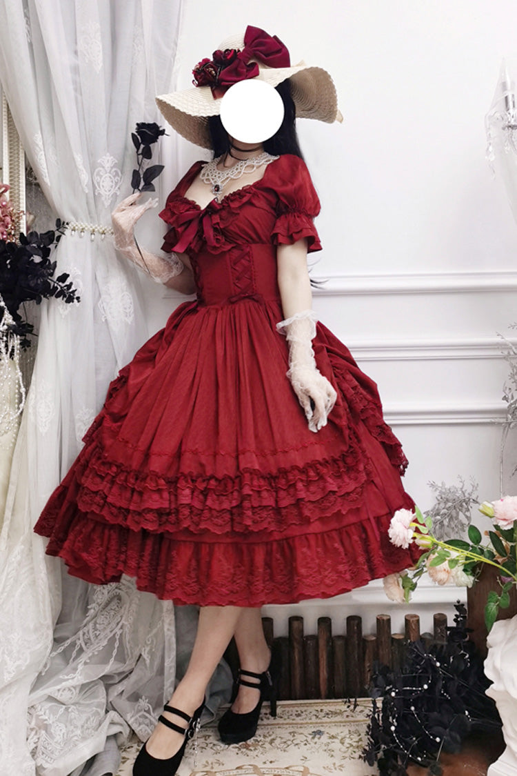 Crimson Vintage Lolita Dress with Puff Sleeves and Layered Ruffles