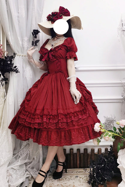 Crimson Vintage Lolita Dress with Puff Sleeves and Layered Ruffles