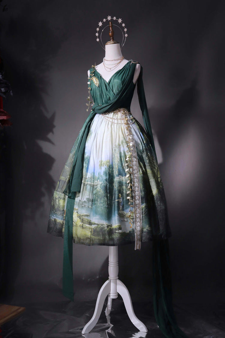 Emerald Grace Favor V-Neck Sleeveless Oil-Painting Printed JSK