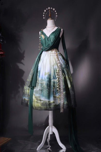 Emerald Grace Favor V-Neck Sleeveless Oil-Painting Printed JSK