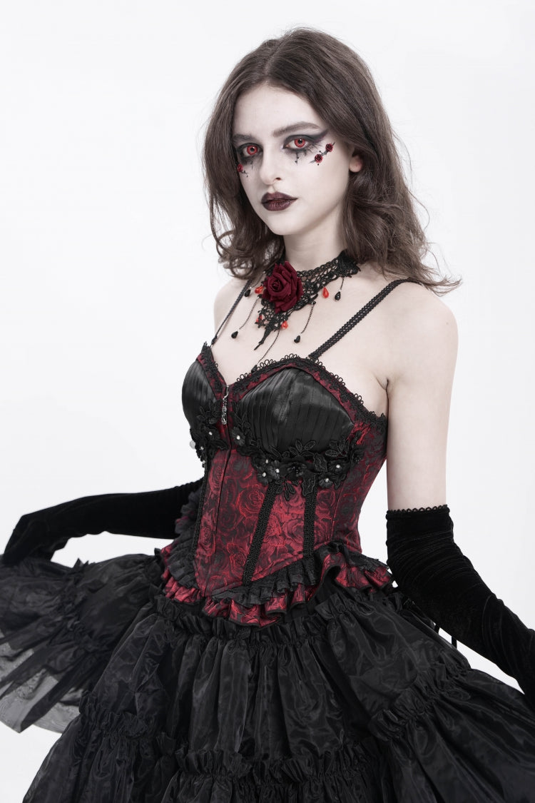 Crimson Gothic Tank Top with Lace-Up Embroidery and Ruffle Trim