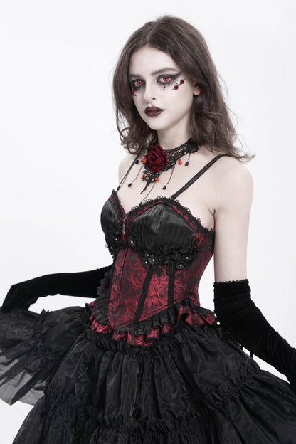 Crimson Gothic Tank Top with Lace-Up Embroidery and Ruffle Trim