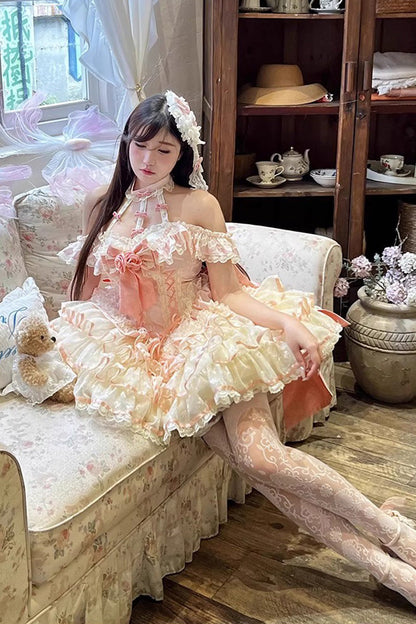Blush Halter Multi-Tier Ruffle Bow Rose Lace-Up Ballerina JSK - Flower Language of Eros