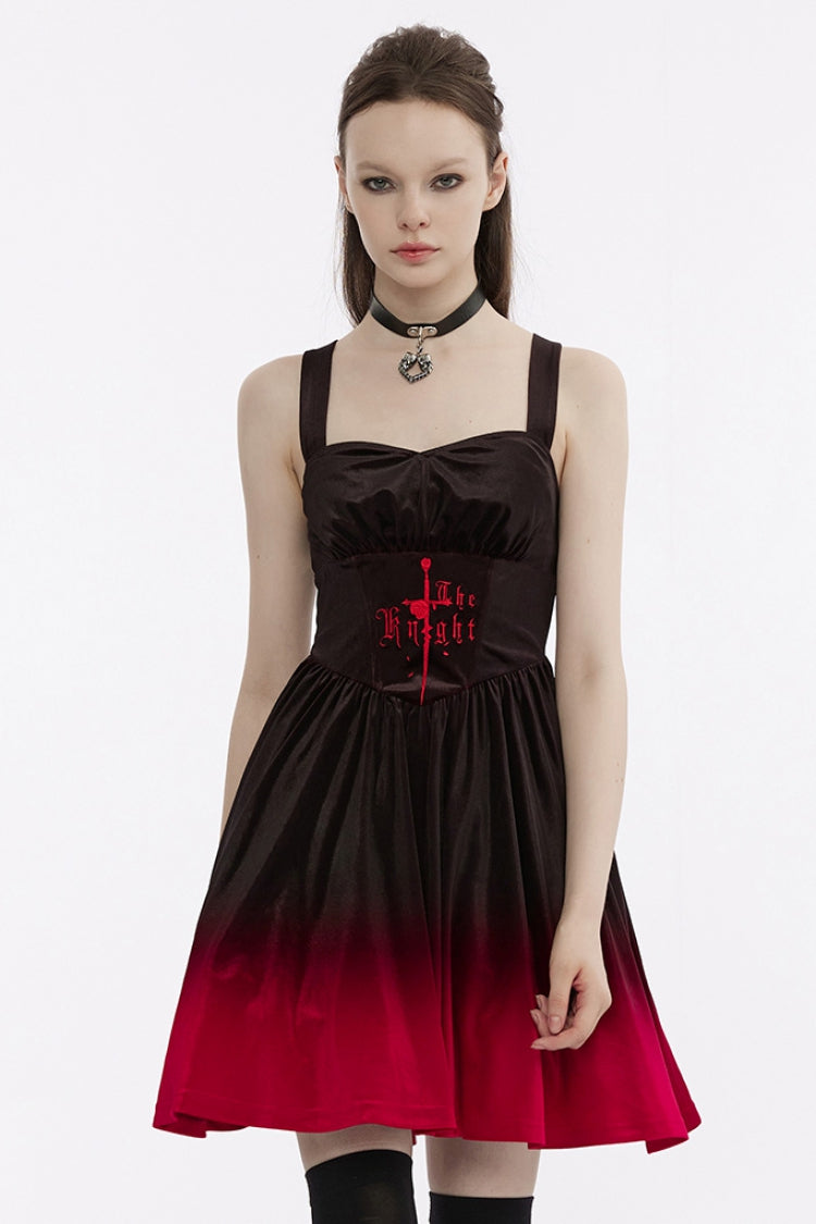 Crimson & Obsidian Sleeveless Gradient Ruffle Embroidery Gothic Dress