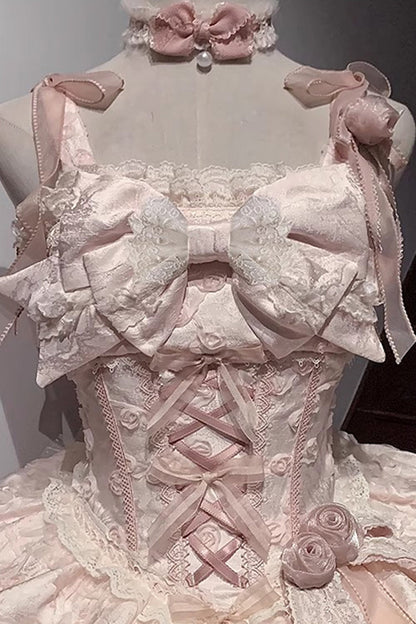 Blush Double-Layered Ruffle Embroidered Bow Lace Sweet JSK - Floral Overture