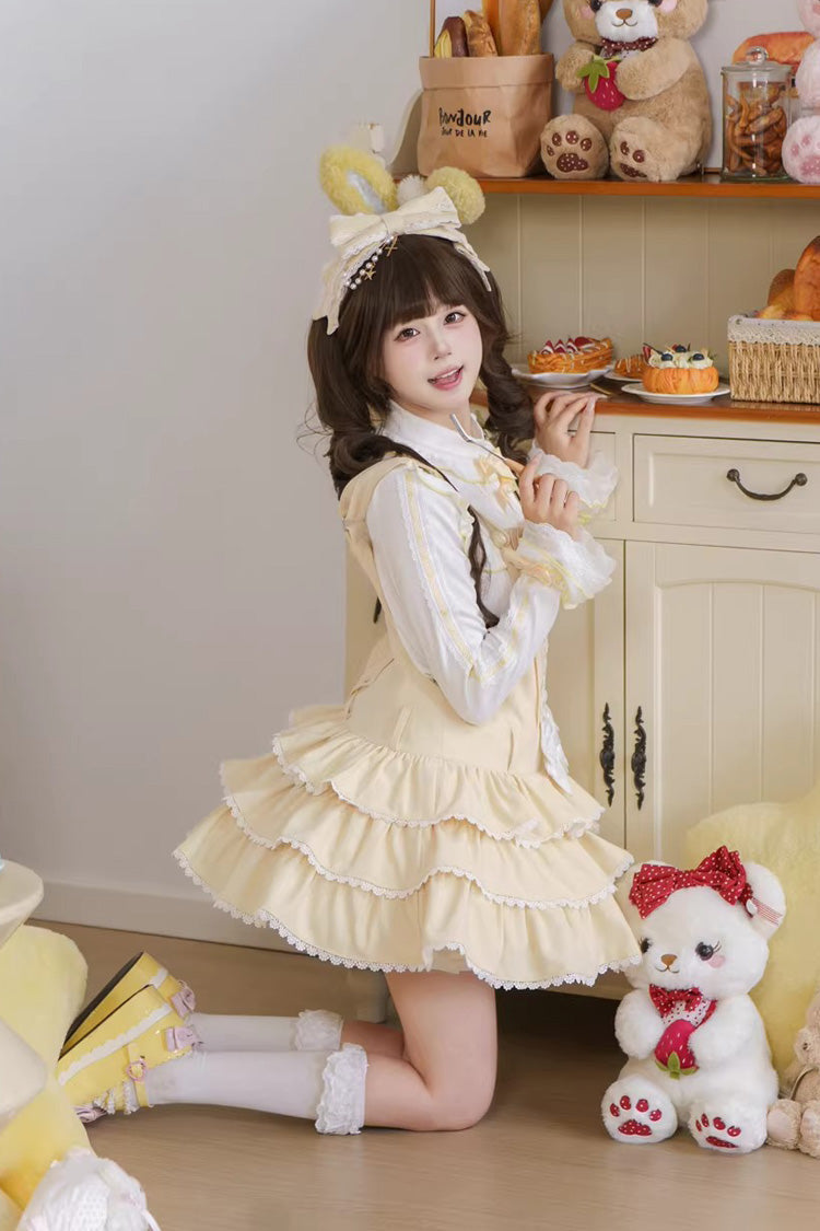 Vintage Cream Puff Sleeveless Triple Ruffle Bow Lace-Up Tiered JSK