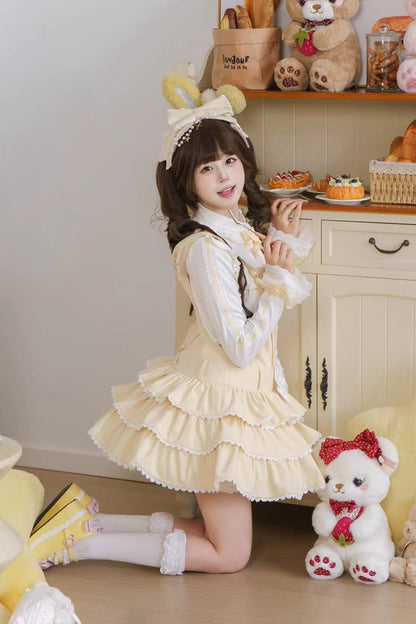 Vintage Cream Puff Sleeveless Triple Ruffle Bow Lace-Up Tiered JSK