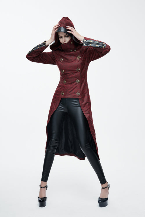 Crimson Punk Leather Coat with Asymmetric Hem and Long Back