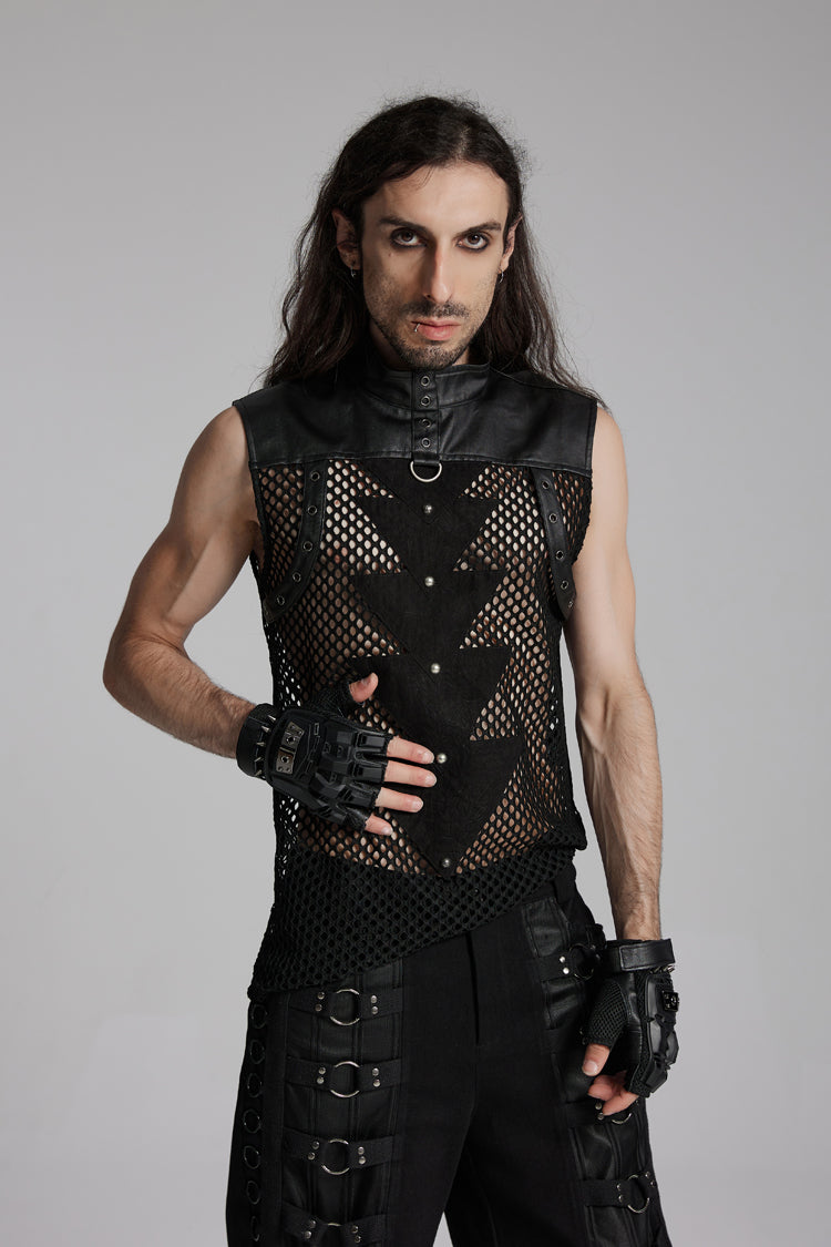 Men's Black Punk Vest, Mesh with Triangle Eyelets and High Collar