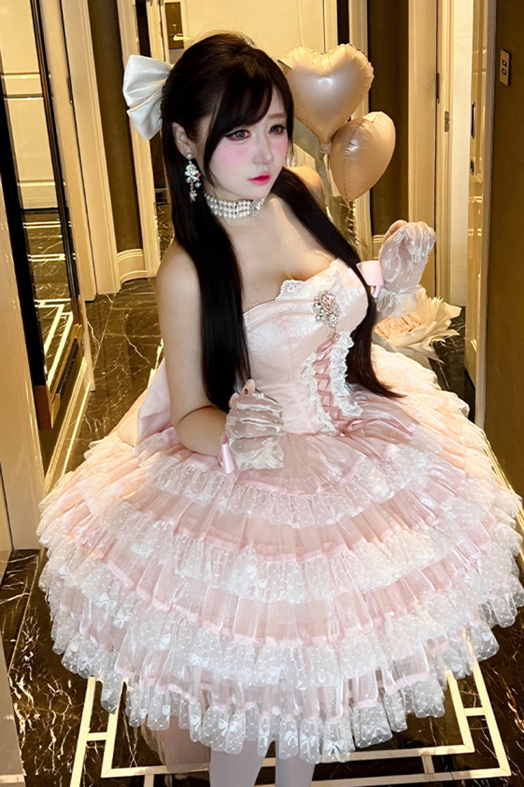 Blush Off-Shoulder Sleeveless Layered Ruffle Bow Lace-Up Princess Gown - Heartbeat at First Sight