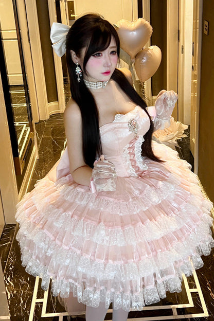 Blush Off-Shoulder Sleeveless Layered Ruffle Bow Lace-Up Princess Gown - Heartbeat at First Sight
