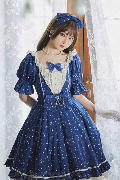 Midsummer Galaxy Star Print Short Sleeve Ruffled Bow Lolita OP Gown