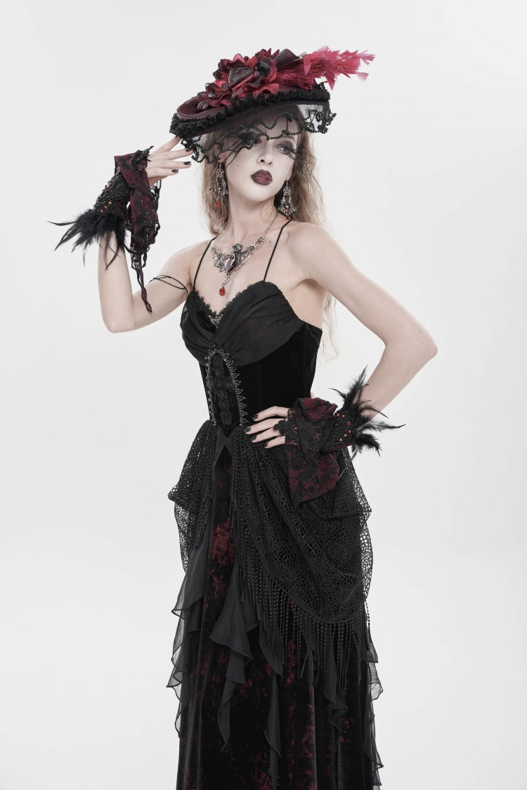 Crimson & Obsidian Sleeveless Multi-Layered Hanayome Lace Lace-Up Gothic Wedding Dress Printed Tassels Slip Dress