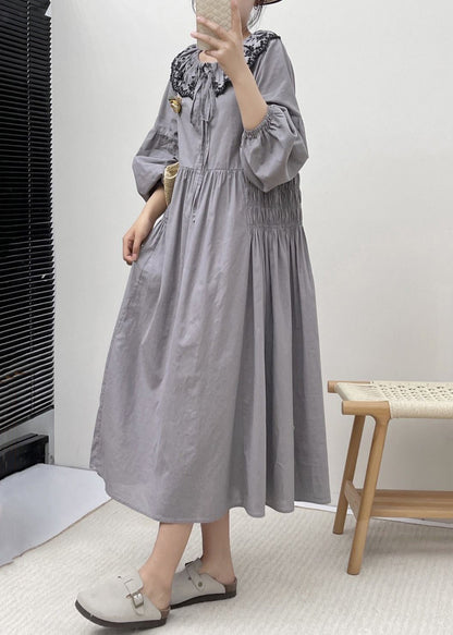 Grey Button Wrinkled Cotton Dresses Embroidered Long Sleeve NN031