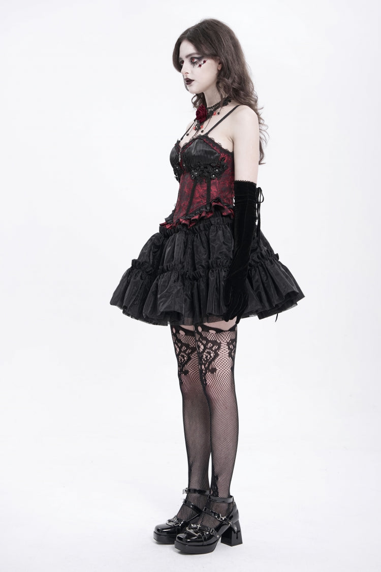 Crimson Gothic Tank Top with Lace-Up Embroidery and Ruffle Trim