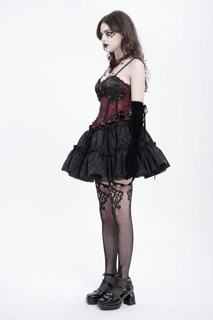 Crimson Gothic Tank Top with Lace-Up Embroidery and Ruffle Trim