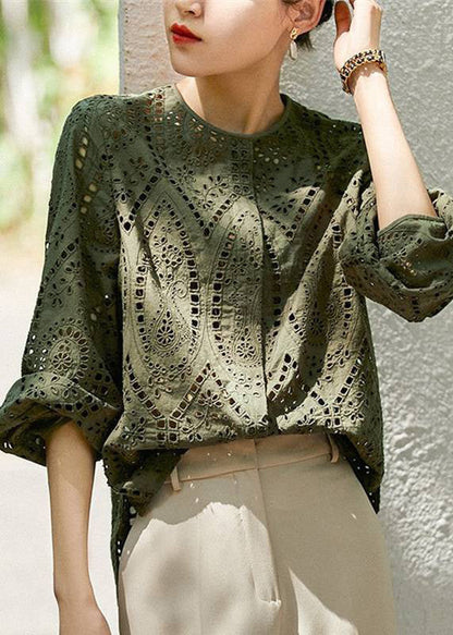 Khaki Out Hollow Blouses Women Sleeve O Light Cotton Long Neck