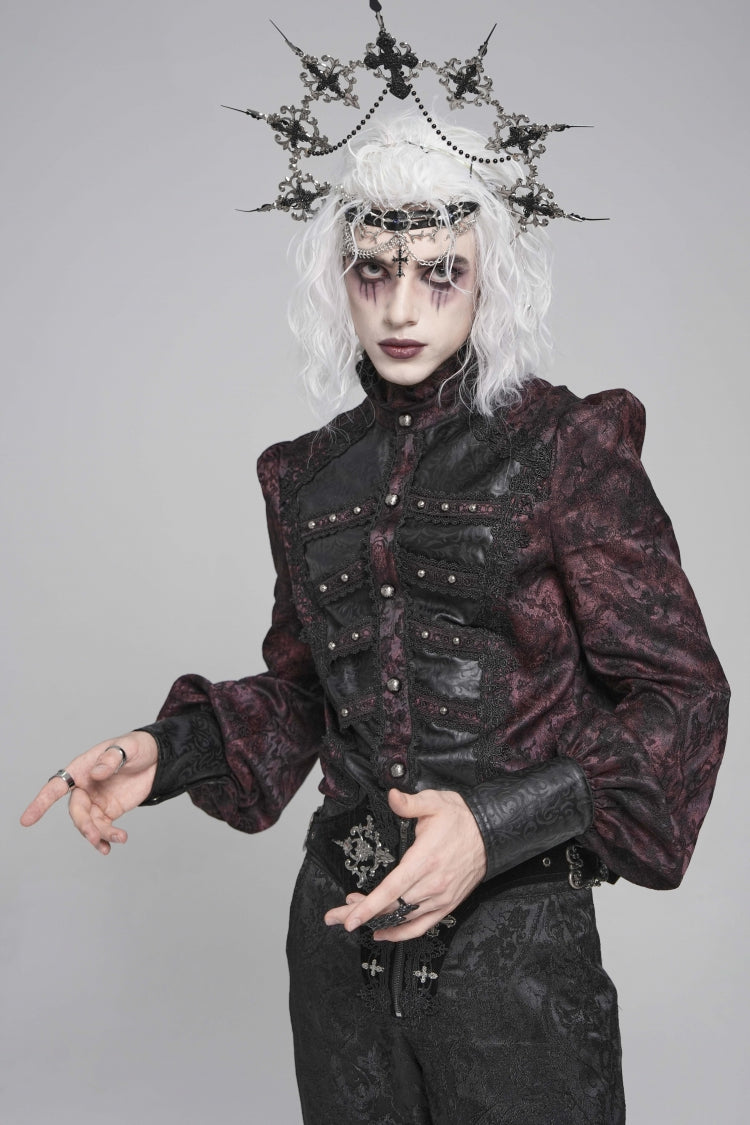 Crimson & Obsidian Stand Collar Long Lantern Sleeves Floral Print Embroidery Gothic Blouse