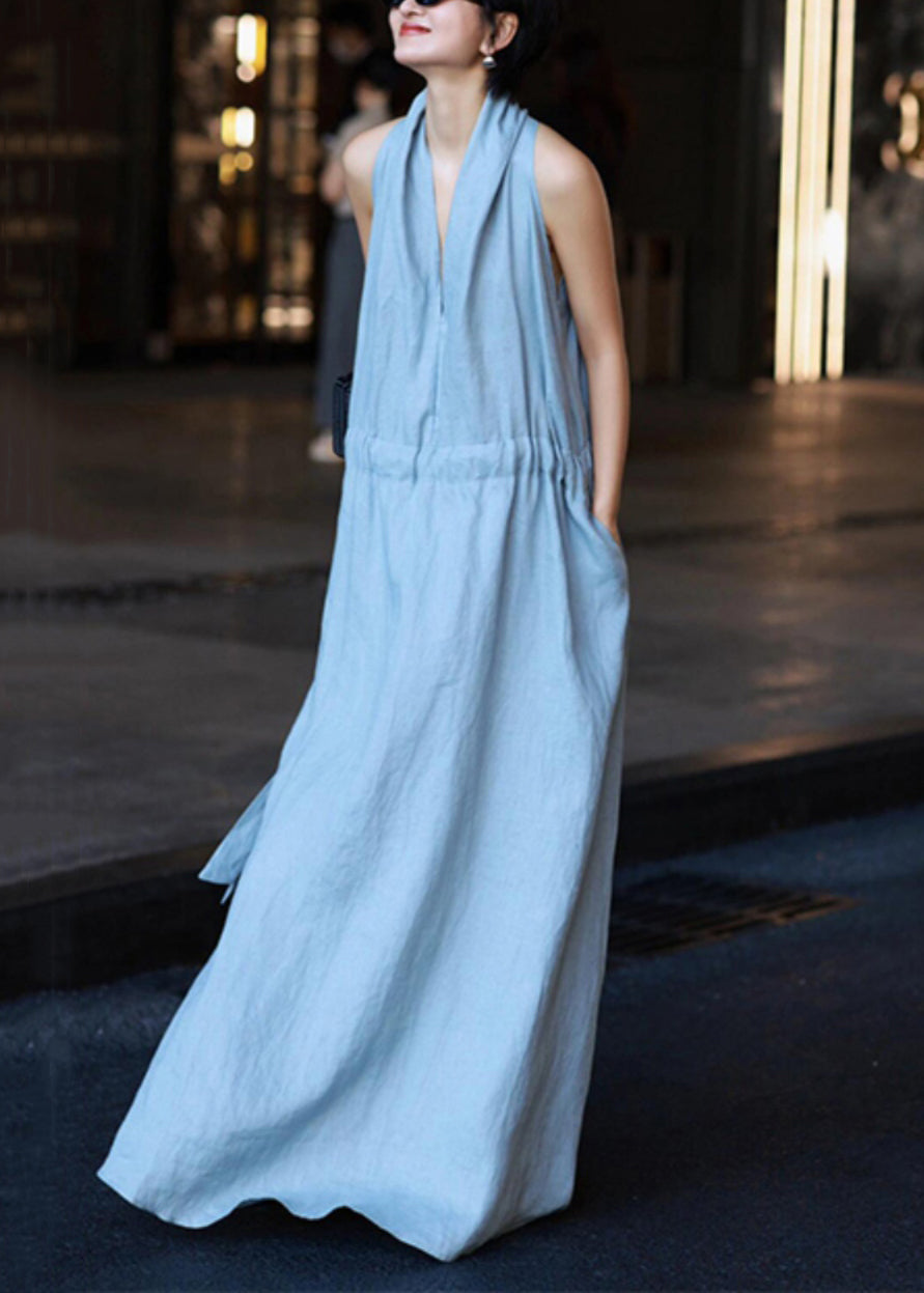 New Robe Dresses Pockets Solid Blue Linen Light Waist Tie