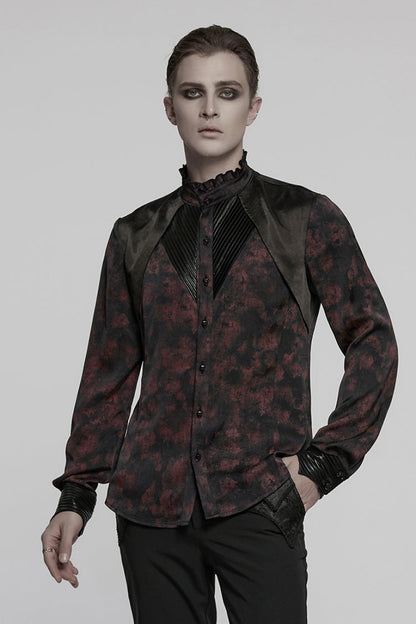 Crimson & Obsidian Stand Collar Long Sleeves Ruffle Pleated Gothic Blouse