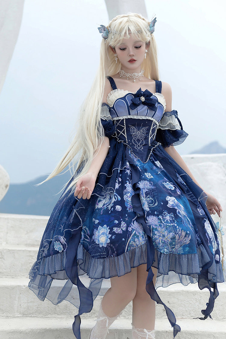 Azure Deep Sea Jellyfish Print Ruffle Lace Sweet Elegant Lolita Jumper Dress