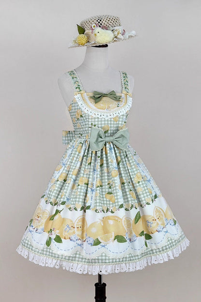 Emerald Lemon Chicken Print Ruffle Bowknot Sweet JSK Dress