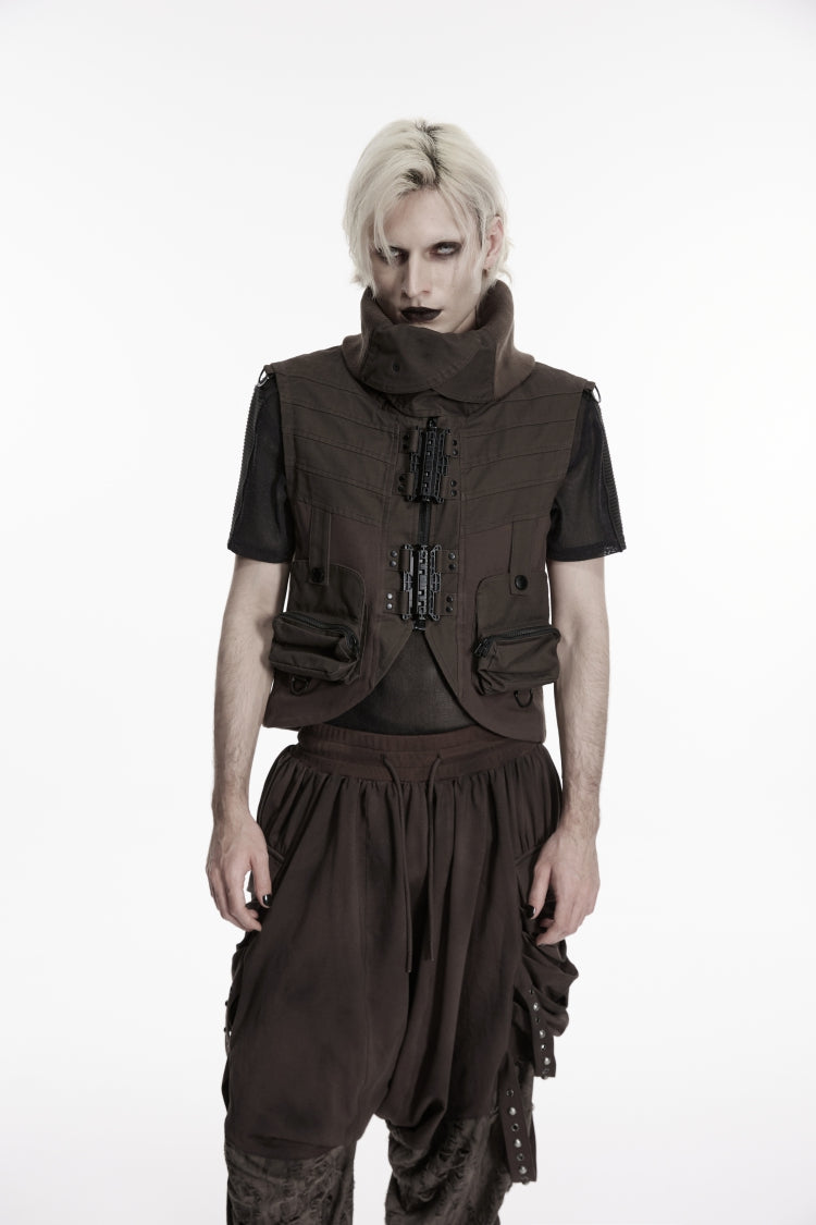 Men's Black Punk Vest, Convertible Collar with Patch Pockets