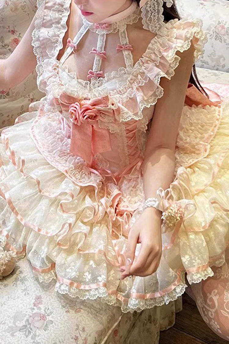 Blush Halter Multi-Tier Ruffle Bow Rose Lace-Up Ballerina JSK - Flower Language of Eros