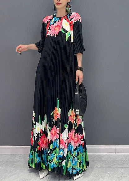 Classy Black O-Neck Print Flattering Maxi Dresses Half Sleeve AO1039