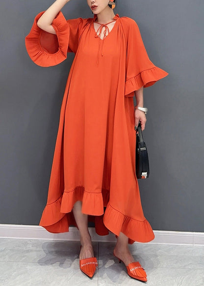 Art Orange V Neck Vacation Long Dresses Flare Sleeve AO1046