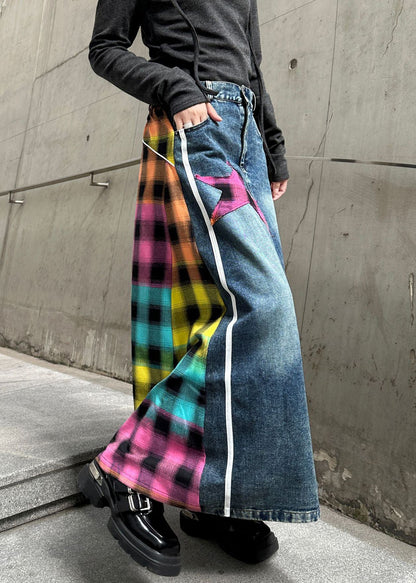 Patchwork Denim Rose Modern Waist Skirts Asymmetrical Elastic