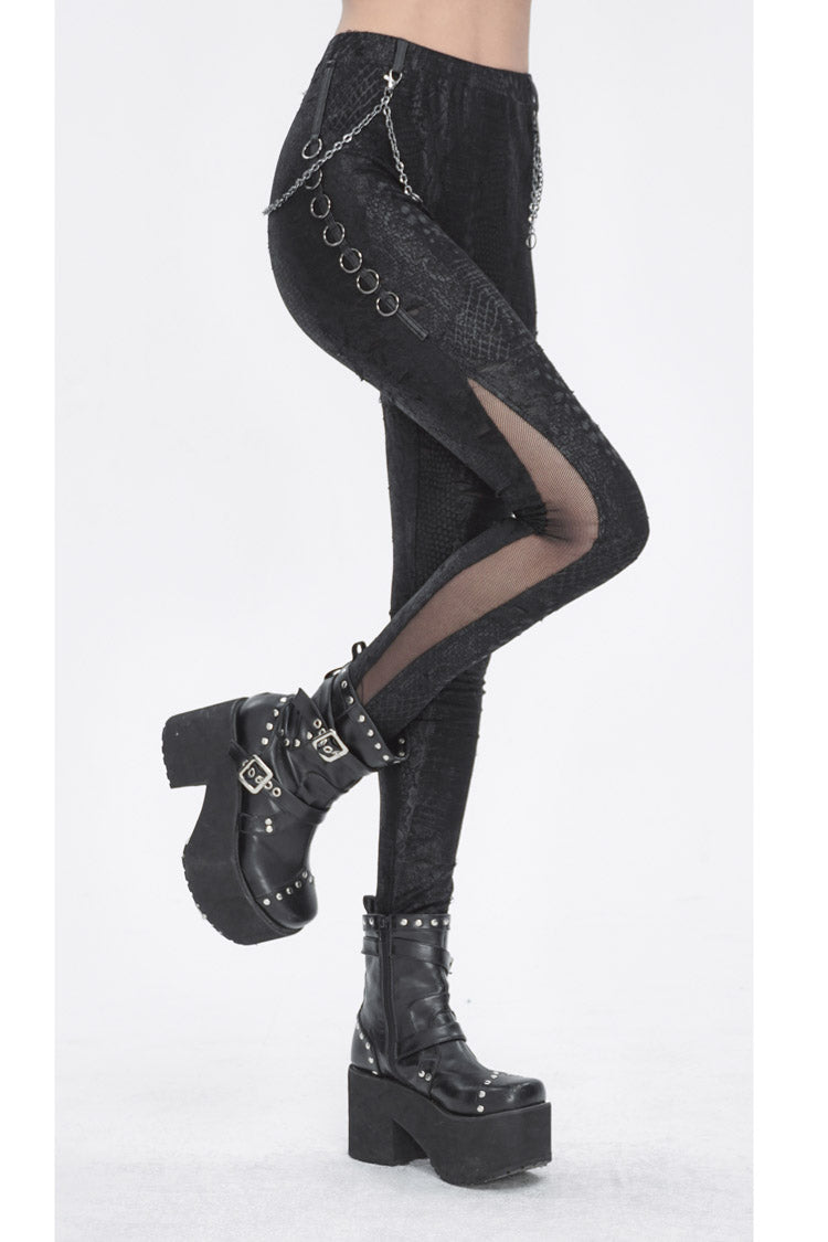 Women's Punk Pants with Stitching Lace and Print in Black Jacquard