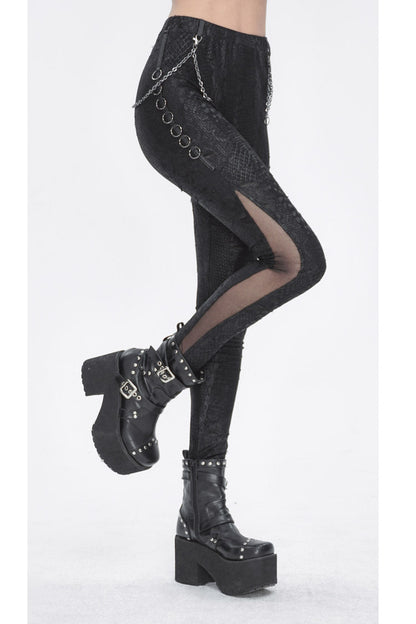 Women's Punk Pants with Stitching Lace and Print in Black Jacquard