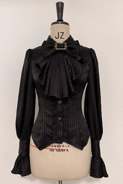 Lapel Collar Long Sleeve Striped Print Ruffle Ouji Gothic Blouse