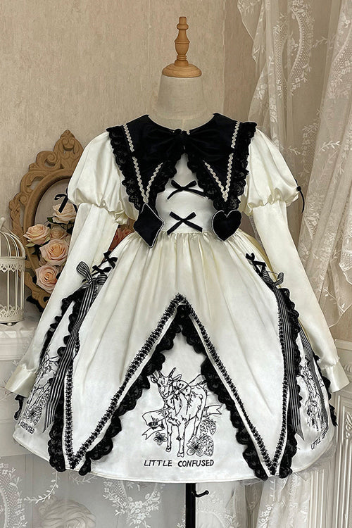 Sweet Lolita OP Dress with Doll Lapel Collar, Little Confused Print & High Waist, Cream