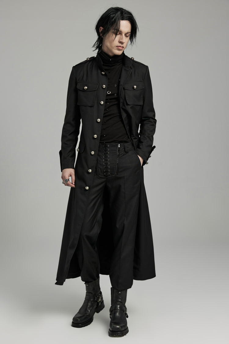 Black Gothic Overcoat for Men, Slim with Big Pockets and Mandarin Collar