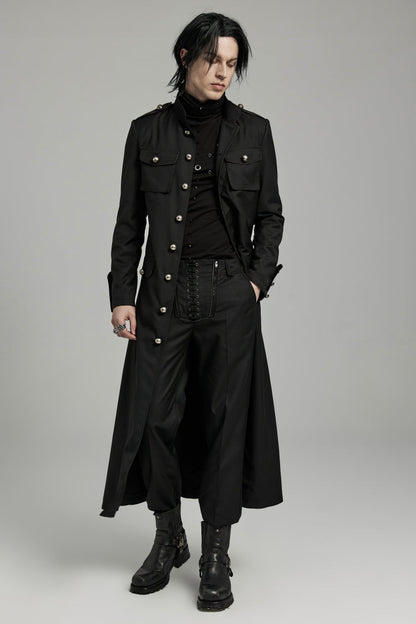 Black Gothic Overcoat for Men, Slim with Big Pockets and Mandarin Collar