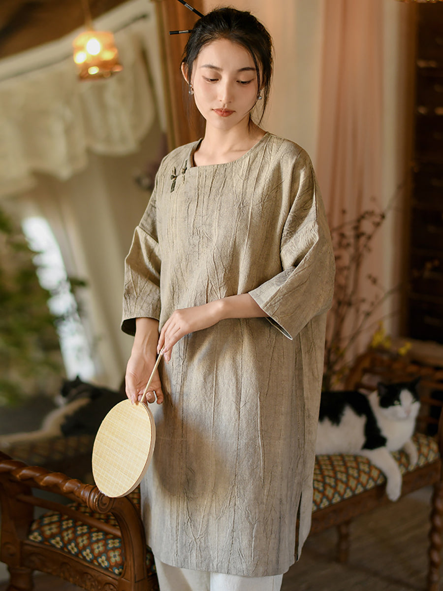 Women Summer Vintage Solid Loose Linen Short Dress II1008