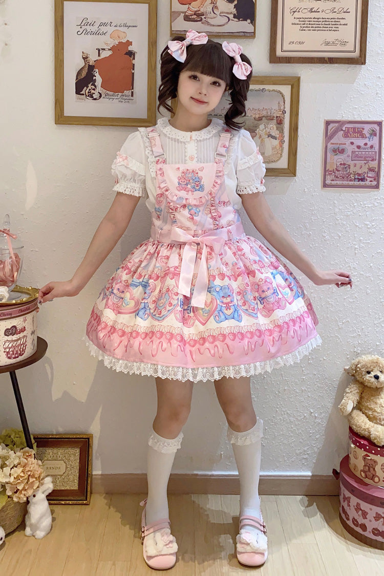 Berry Bear Print Pink Bow Stitched Lace Lolita Strap Dress