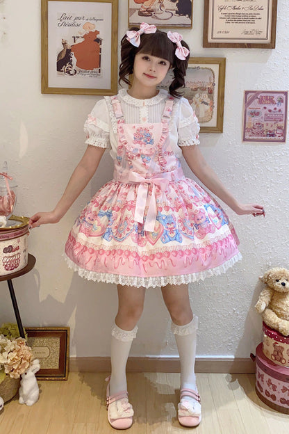 Berry Bear Print Pink Bow Stitched Lace Lolita Strap Dress