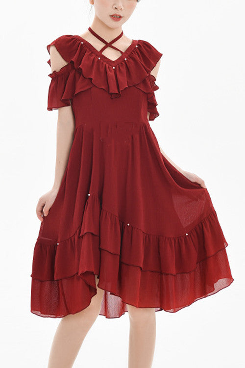 Crimson Sweet Lolita Dress with V-Neck and Strapless Dual-Wear Design
