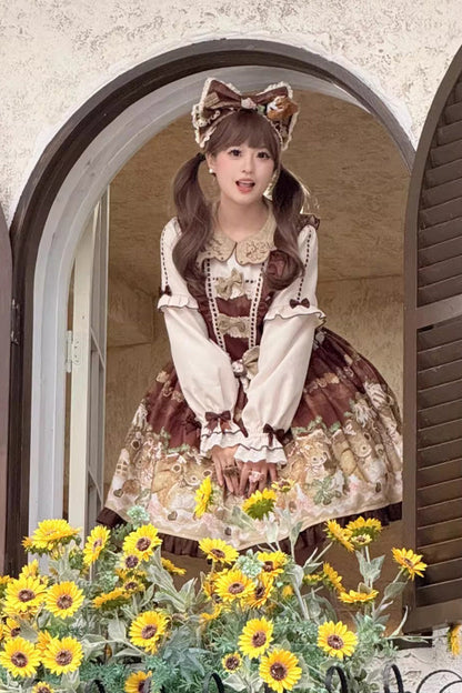 Squirrel Chocolate Shop Doll Collar Sweet Lolita Dress with Bow - Long Sleeves
