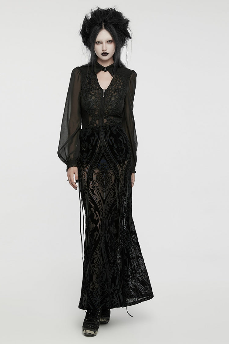 Sheer Mesh Lace-Up Embroidered Gothic Skirt for Women in Black