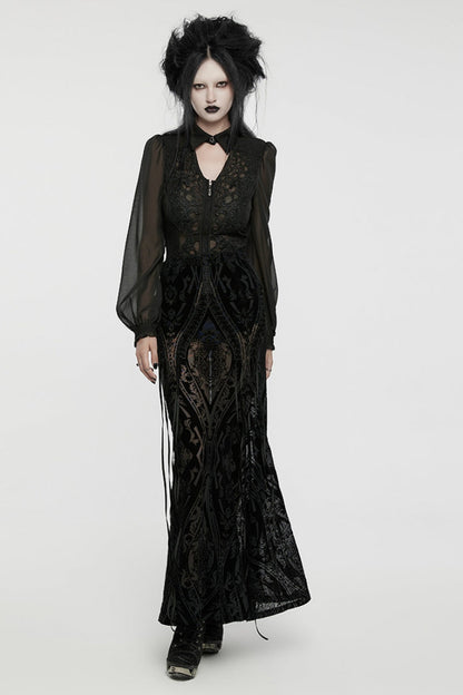 Sheer Mesh Lace-Up Embroidered Gothic Skirt for Women in Black