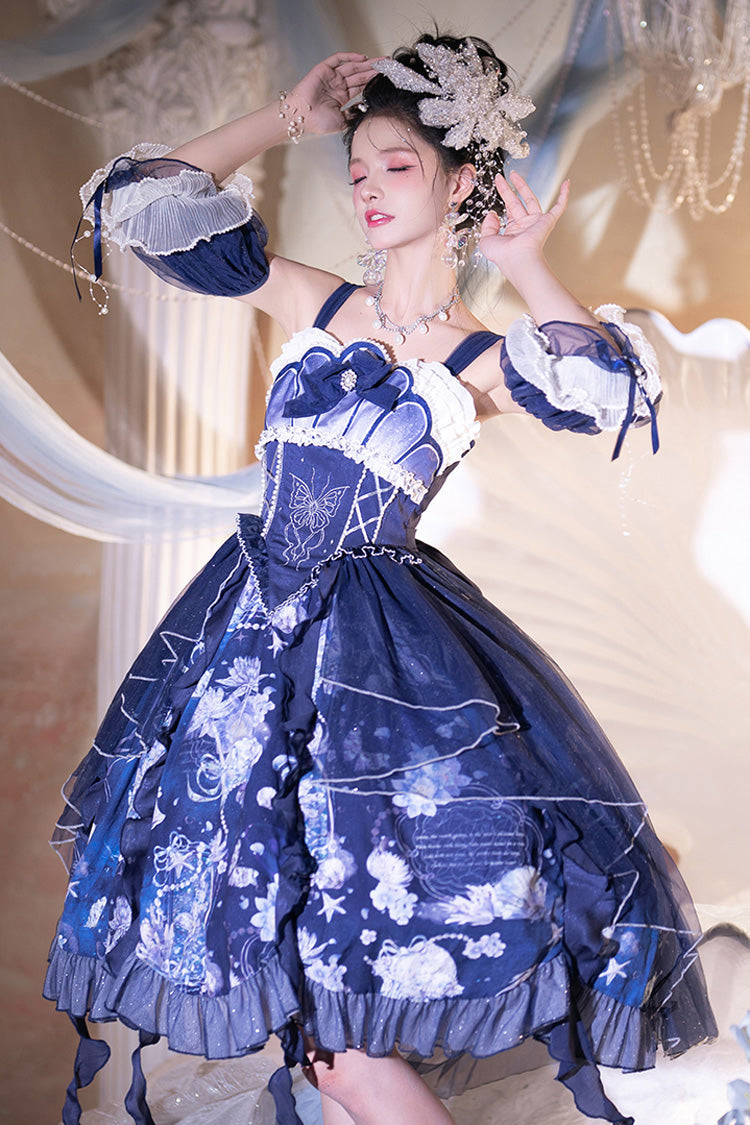 Azure Deep Sea Jellyfish Print Ruffle Lace Sweet Elegant Lolita Jumper Dress