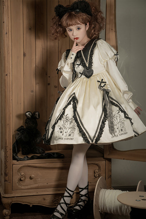 Sweet Lolita OP Dress with Doll Lapel Collar, Little Confused Print & High Waist, Cream